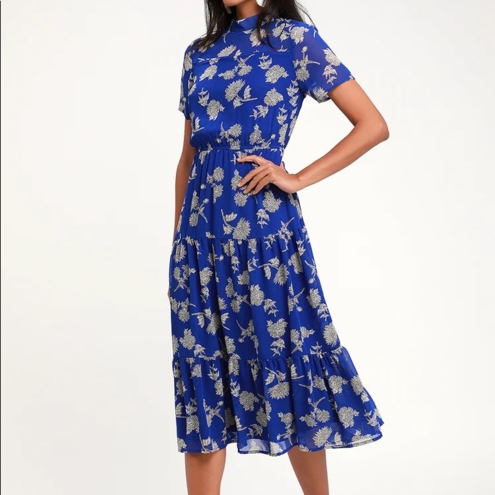 Lulu’s Dressed Up Royal Blue Floral Print Midi Dress Sz S Short Sleeve, Elastic